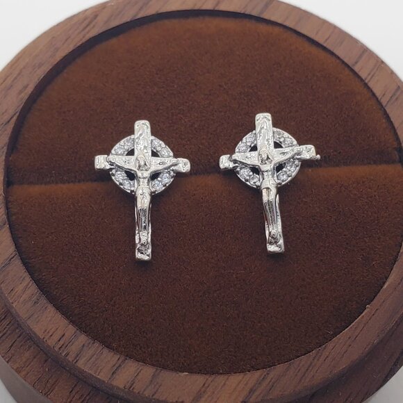 925 Sterling Silver Mens 2ct Diamond Cross Stud Earrings Guys Christian Jewelry - Picture 3 of 4
